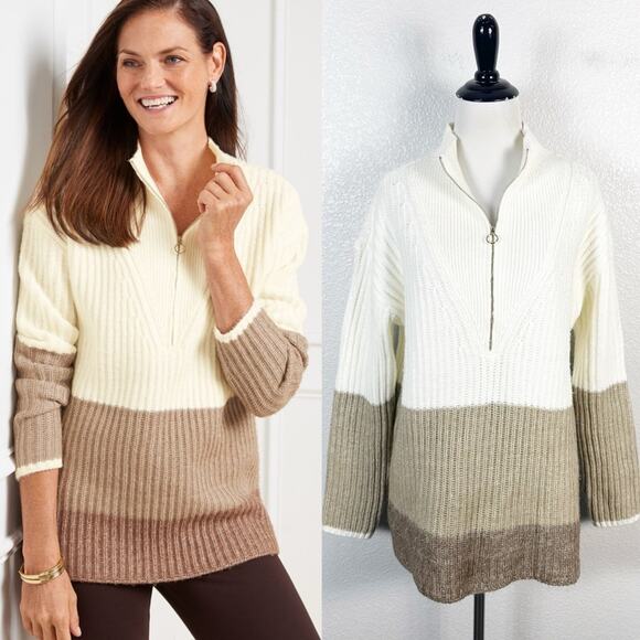 Talbots Women’s Block Stripe Half Zip Pullover Knit Sweater Size Medium - Picture 1 of 10